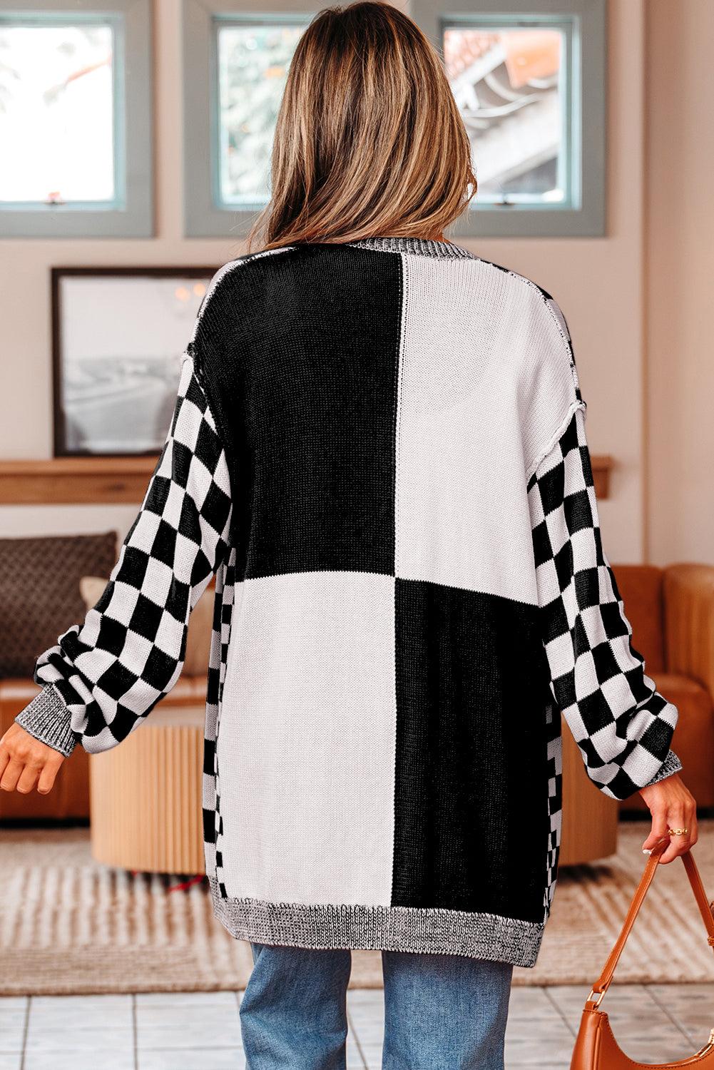 Black Checkered Open Front Drop Shoulder Cardigan