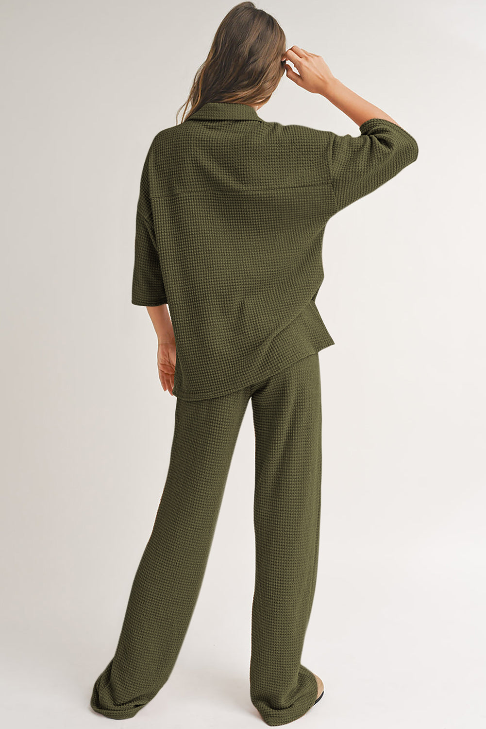 Black Solid Color Textured Buttoned Shirt and Casual Pants Set