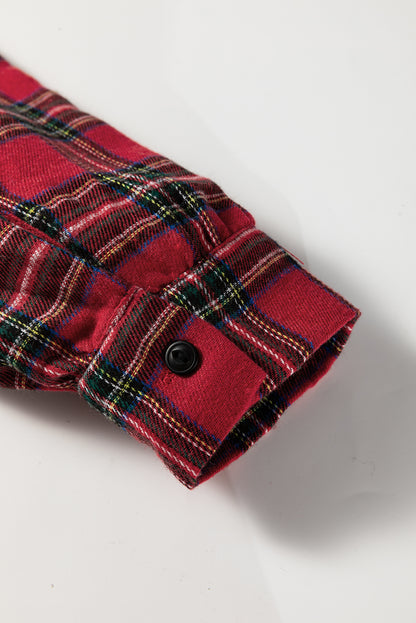Red Plaid Shirt Collar Half Button Ruffle Hem Long Sleeve Mini Dress