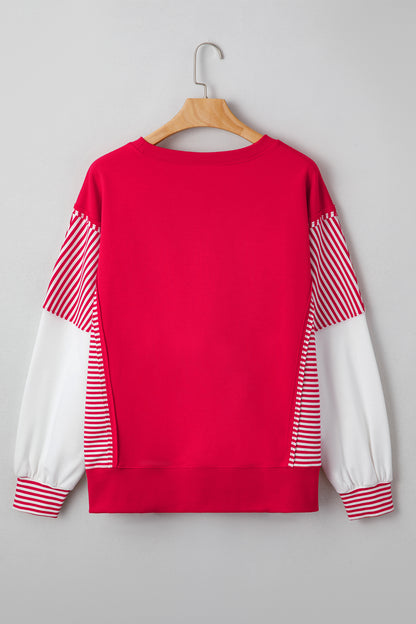 Dark Blue Striped Patchwork Sleeve Colorblock Sweatshirt