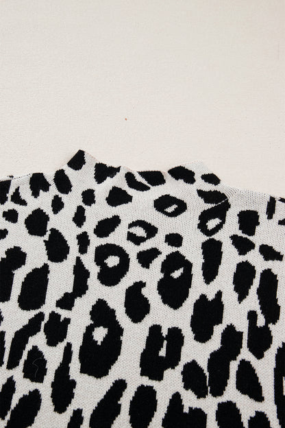 Black Plus Size Leopard Print High Neck Short Sleeve Sweater