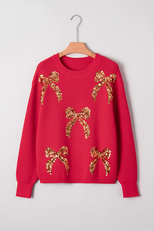 Fiery Red Sequin Bow Accent Drop Shoulder Festive Sweater