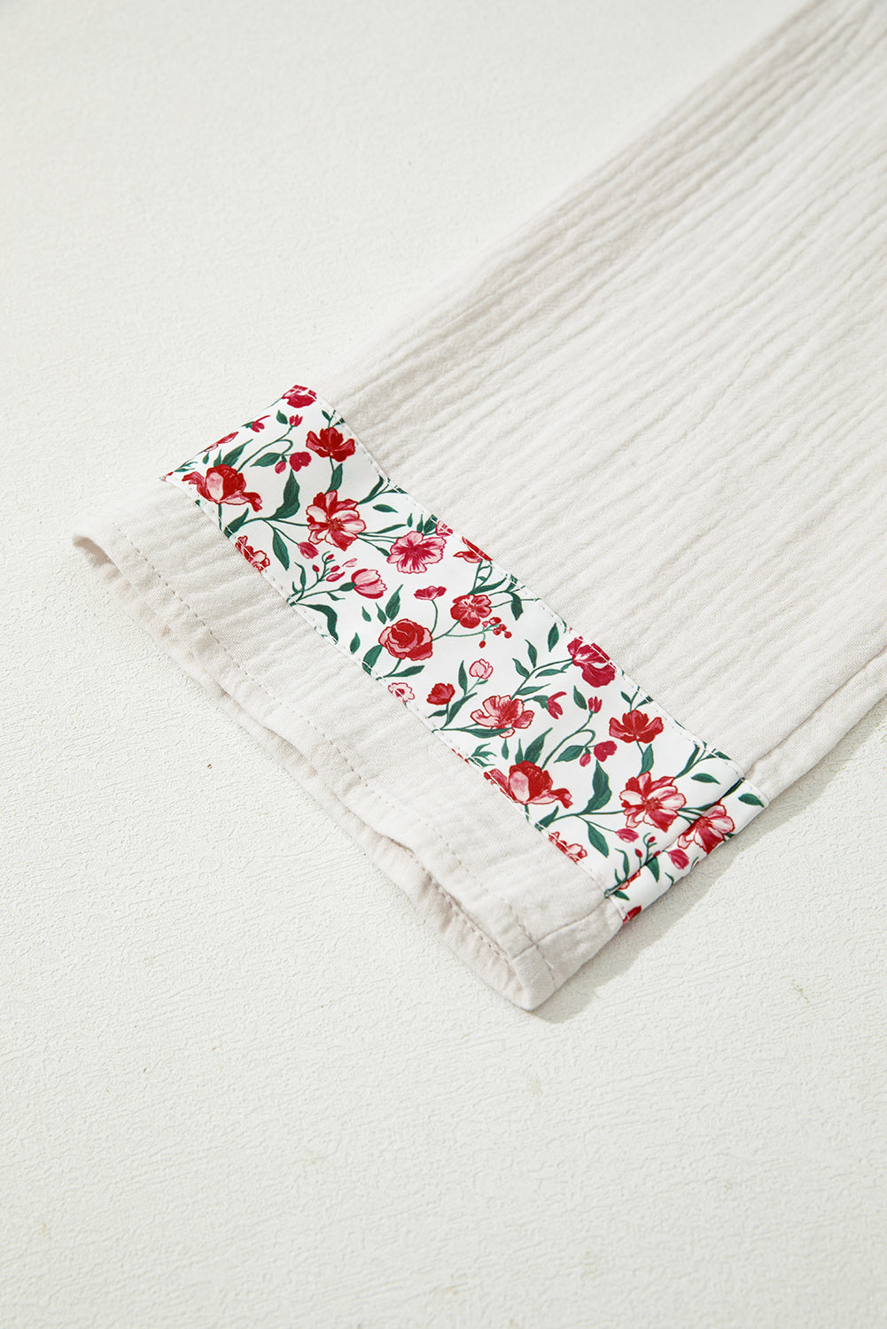 Sky Blue Floral Print Gauze Patchwork Henley Button 3/4 Sleeve Blouse