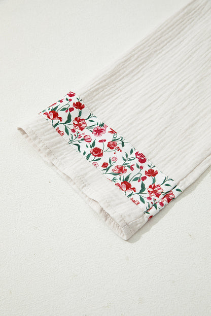 Sky Blue Floral Print Gauze Patchwork Henley Button 3/4 Sleeve Blouse