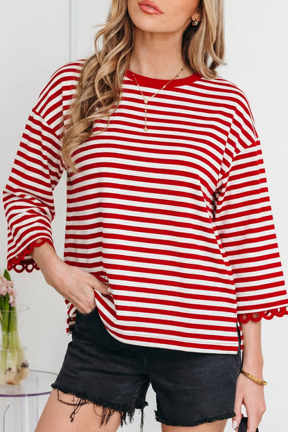 Racing Red Striped Print Drop Shoulder Lace Trim Bracelet Sleeve Loose Top