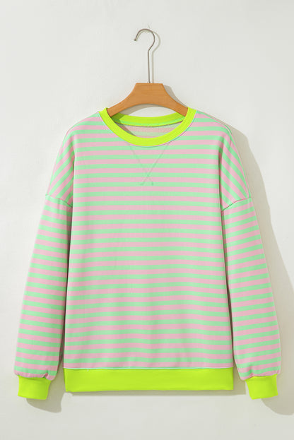 Green Stripe Contrast Ribbed Trim Crossed Stitch Drop Shoulder Sweatshirt