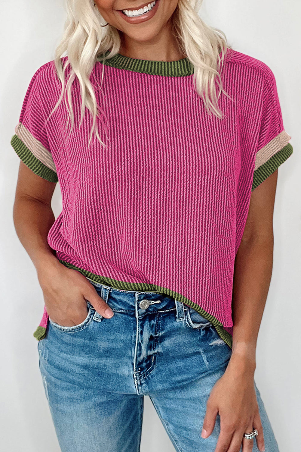 Light Pink Textured Contrast Trim Round Neck T Shirt