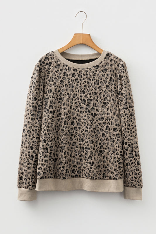 Khaki Ribbed Trim Leopard Print Long Sleeve Top