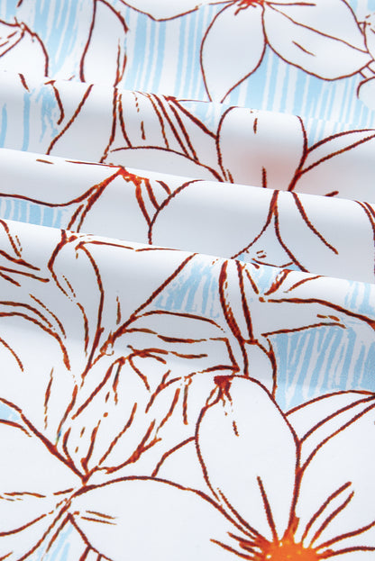 Brown Floral Print Tie Neck 3/4 Sleeve Mini Dress