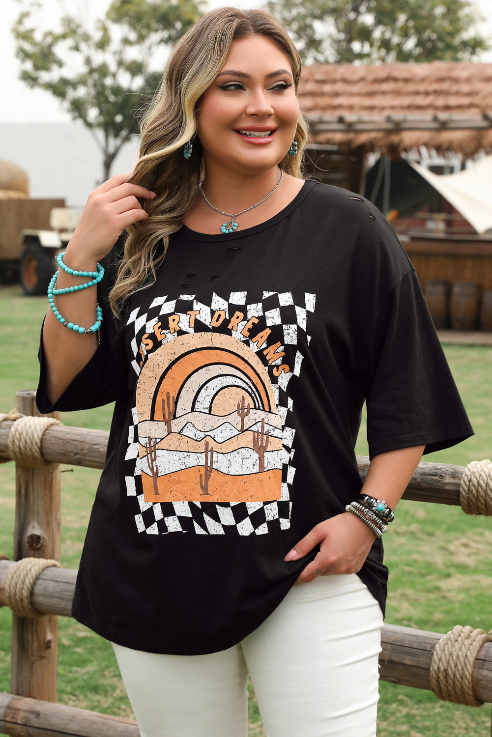 Black Checkerd DESERT DREAMS Printed Ripped Plus Size Tee