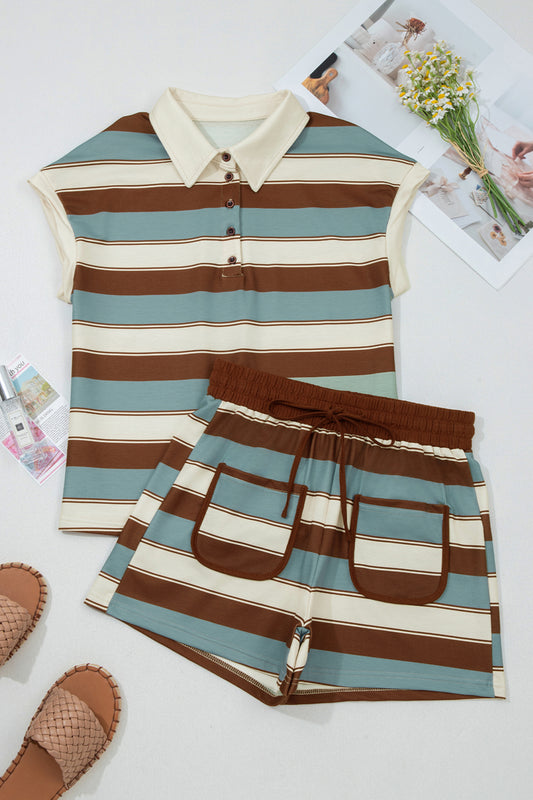 White Stripe Button Polo Collar Tee Drawstring Elastic Waist Patchwork 2pcs Short Set
