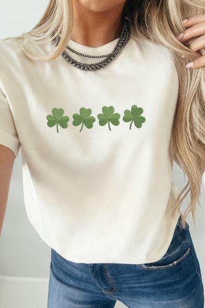 White Embroidered Clover St Patricks Fashion Graphic Tee