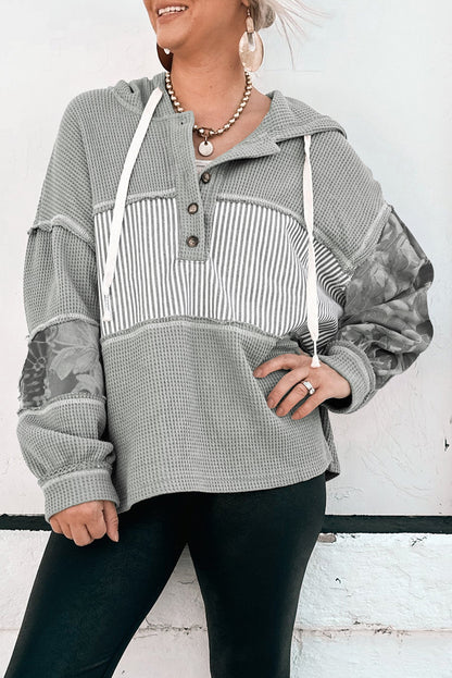 Gray Waffle Printed Patchwork Drawstring Hooded Long Sleeve Top