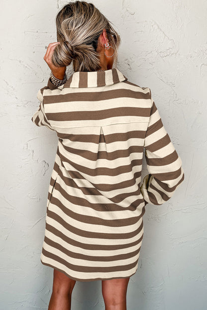 Khaki Stripe Collared V Neck Long Sleeve Loose Casual Dress