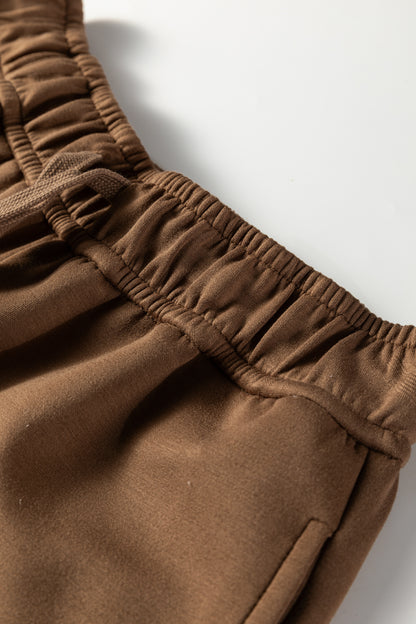 Coffee Solid Color V Neck Top and High Waist Pants Set