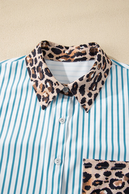 Sky Blue Stripe Contrast Leopard Patchwork Long Shirt Dress with Slits