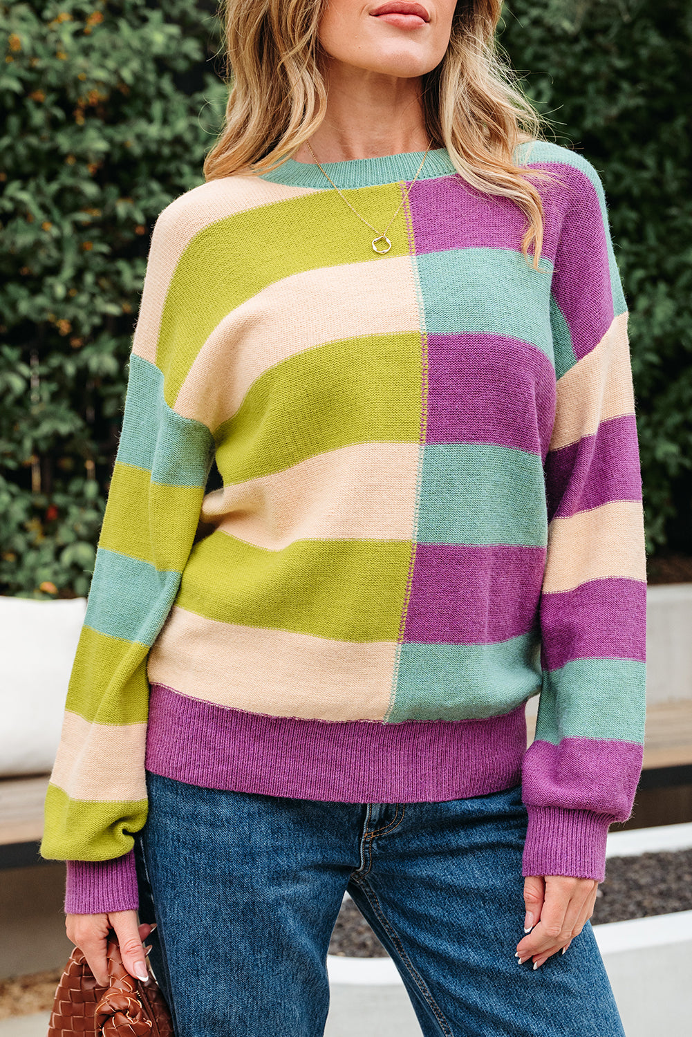 Green Stripe Drop Shoulder Ribbed Edge Casual Sweater