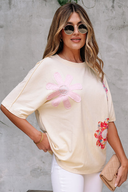 Apricot Flower Patched Exposed Stitching Trim Crew Neck Loose Tee