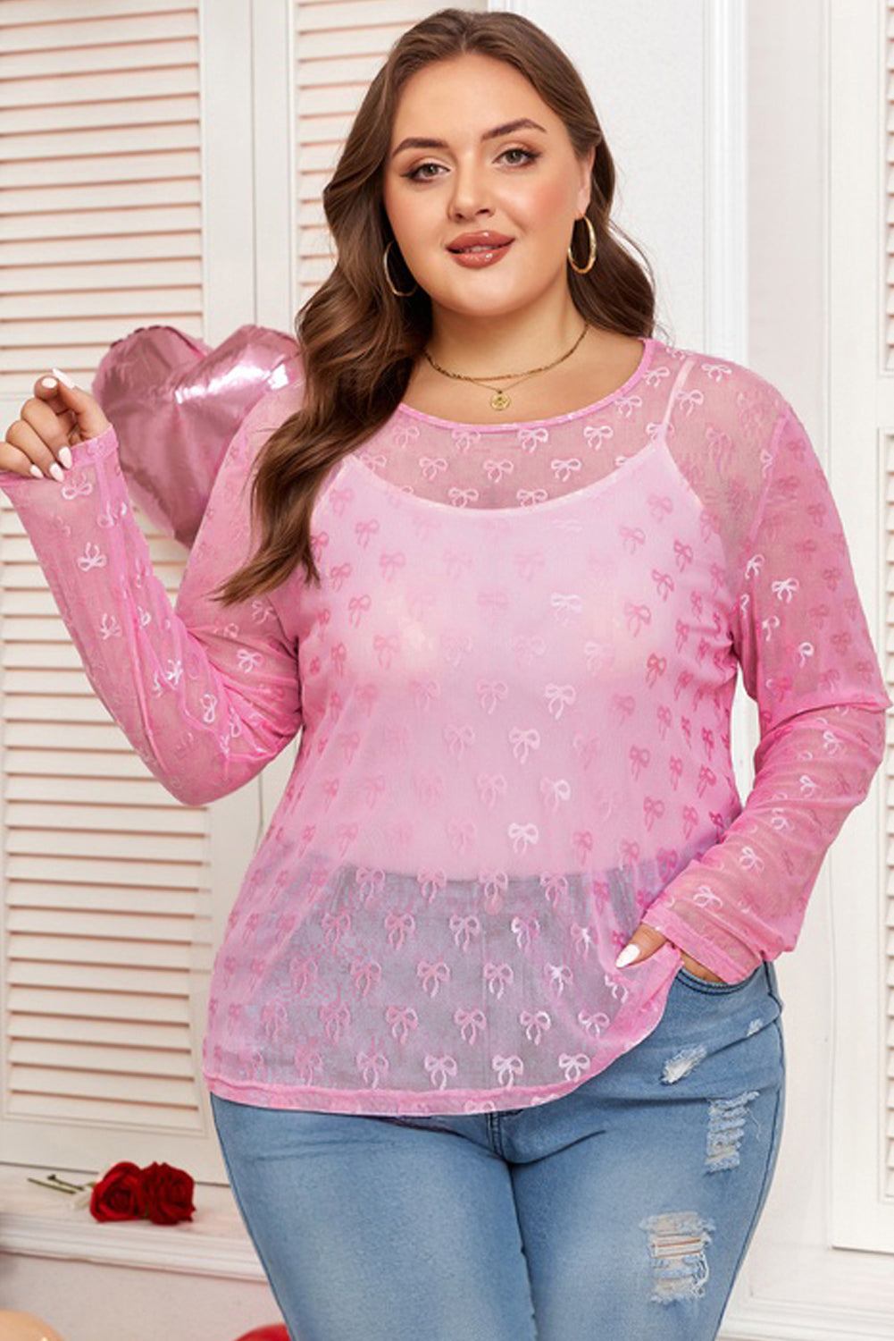 Pink Plus Size Bow Embroidered Mesh Long Sleeve Top