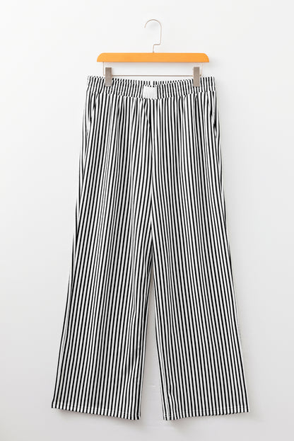 Brown Stripe Elastic High Waist Pocketed Loose Pants