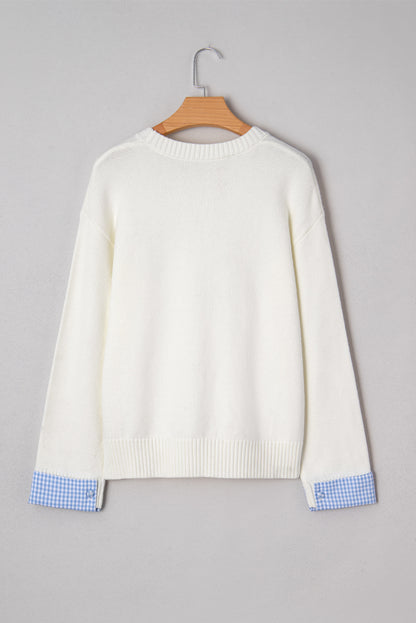 White Plaid Heart Embroidered Cuffed Drop Shoulder Crew Neck Sweater