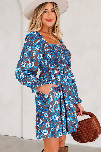 Blue Smocked Bodice High Waist Ruffled Sleeve Floral Dress