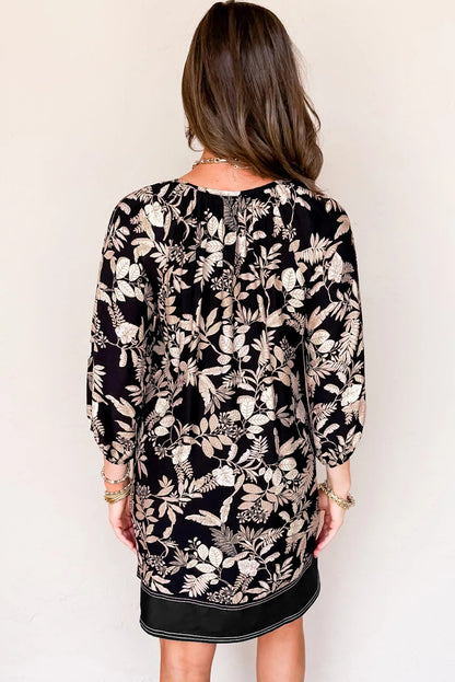 Black 3/4 Sleeve Botanical Print Split Neck Loose Mini Dress