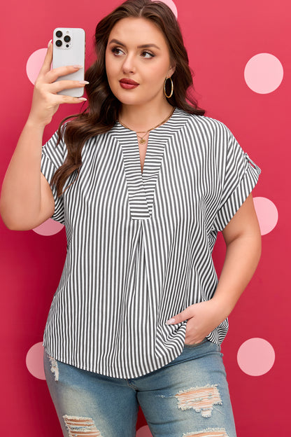 Black Stripe Plus Size V Neck Roll-tab Short Dolman Sleeve Blouse
