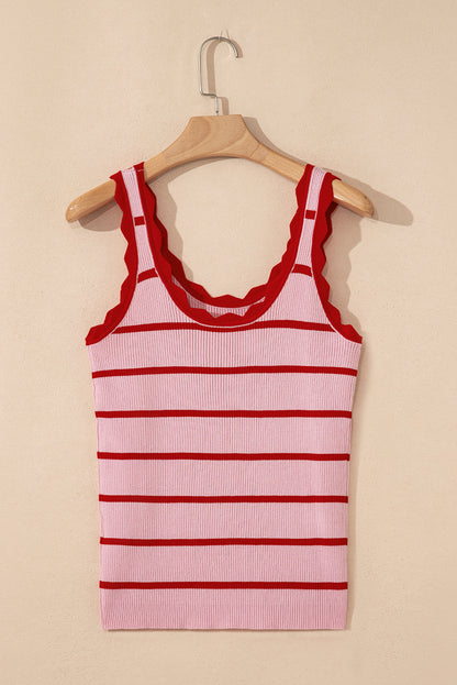 Black Striped Scalloped Edge U Neck Sleeveless Sweater Vest