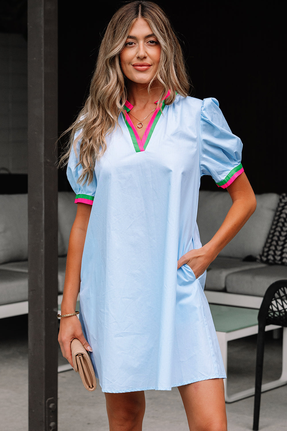 Myosotis Contrast Striped Notched V Neck Puff Sleeve Mini Dress