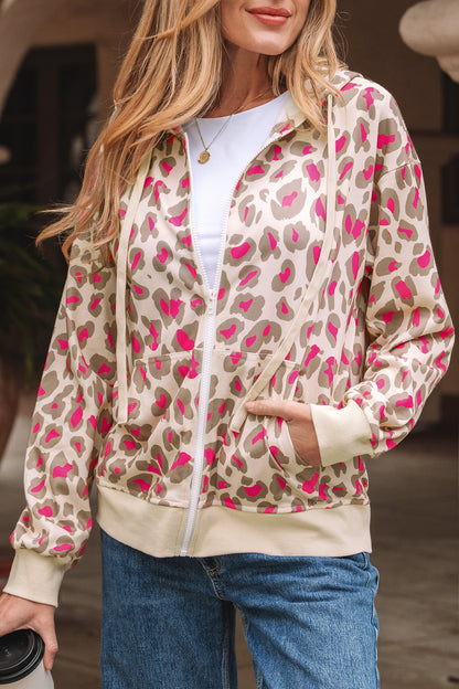Rose Leopard Print Zip-up Hooded Sweatshirt