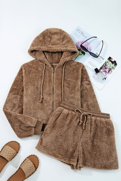 Parchment Zip Up Hoodie Drawstring Shorts Sherpa 2pcs Outfit