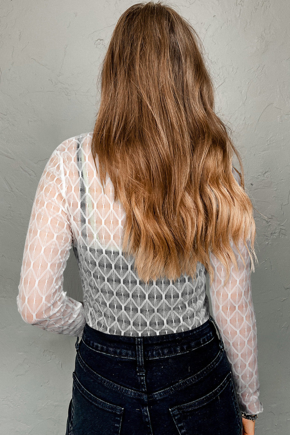 Coffee Sheer Mesh Patterned Lettuce Trim Slim Long Sleeve Top