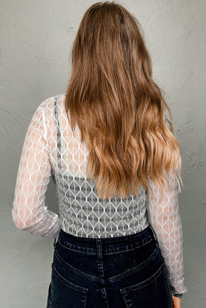 Coffee Sheer Mesh Patterned Lettuce Trim Slim Long Sleeve Top
