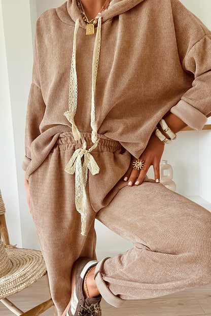 Rose Tan Lace Drawstring Pullover Hoodie and High Waist Pants Corduroy Suit