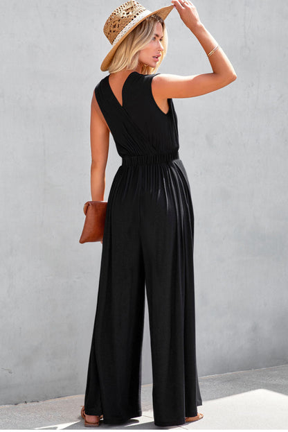 Blackish Green Deep V Pleated Crisscross Wide Leg Backless Jumpsuit