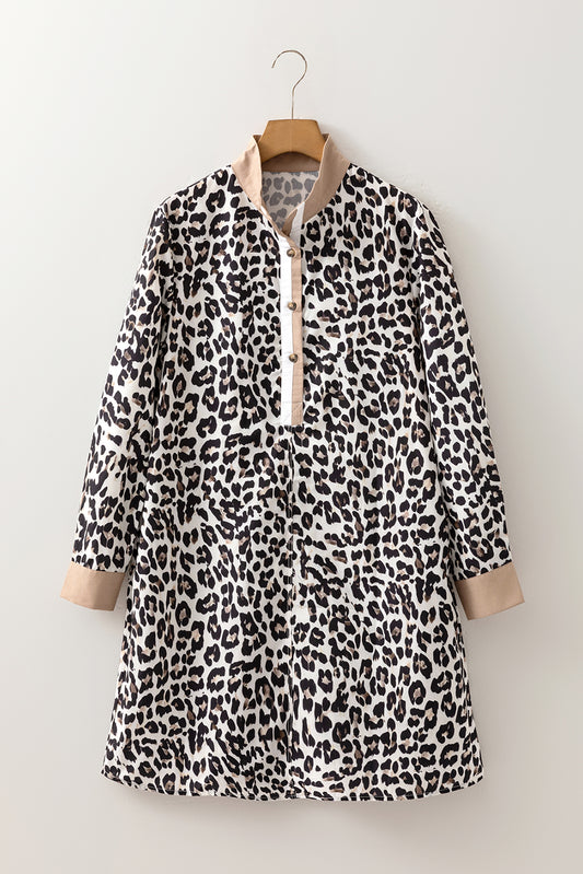 Multicolour Button Striped Collar Leopard Print Long Sleeve Flared Dress