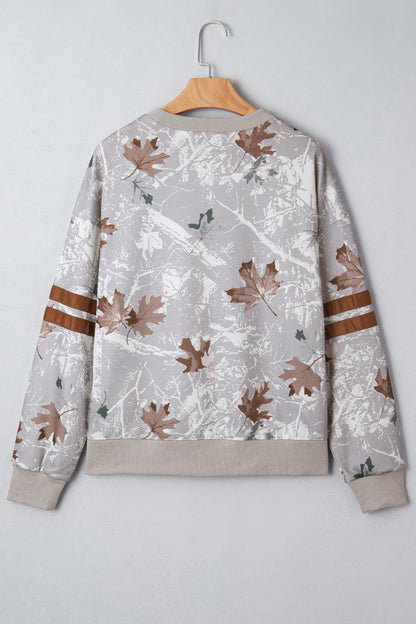 Gray Maple Leaf Camo Print Varsity Striped Sleeve Casual Sweatshirt