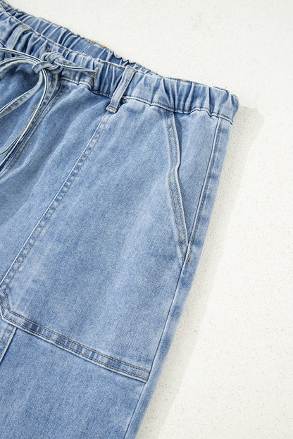Beau Blue Drawstring Seam Detail Raw Hem Wide Leg Denim Pants