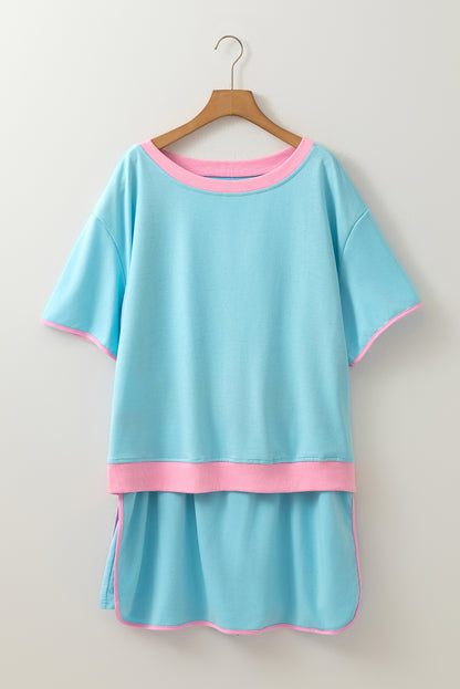 Turquoise Plus Size Contrast Trim T Shirt and Skirt Two Piece Set
