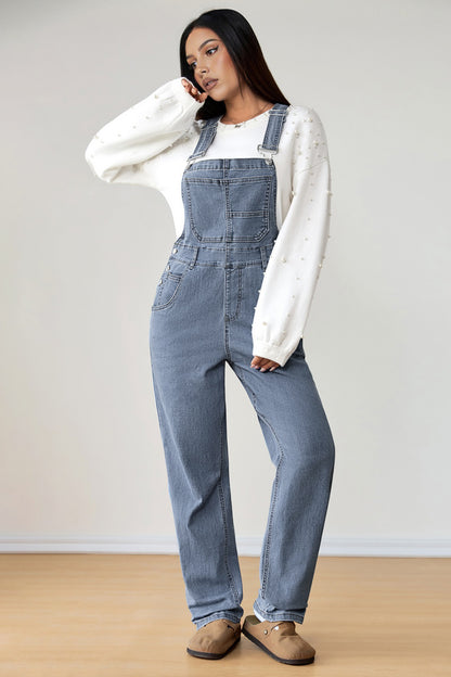 Dark Blue Retro Bib Pocket Buckle Straps Casual Denim Jumpsuit