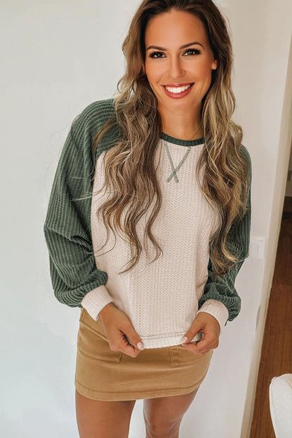 Camel Waffle Color Block Raglan Sleeve Top