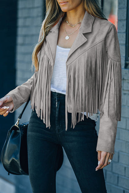 Gray Cropped Fringe Faux Suede Jacket