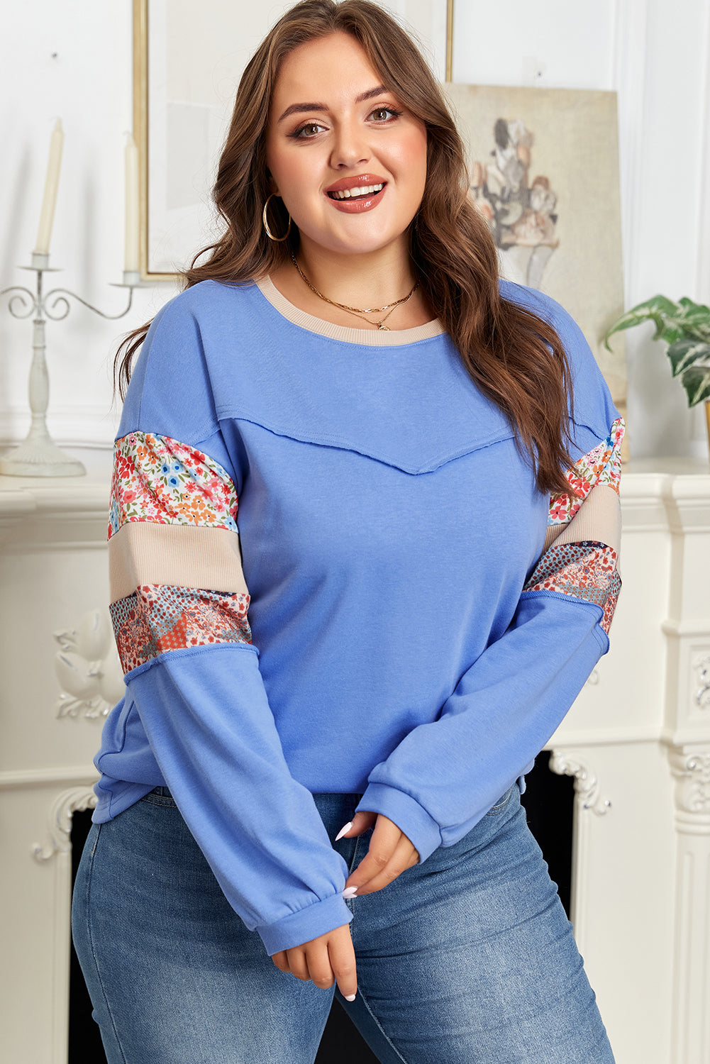 Blue Exposed Seam Floral Mixed Patchwork Relaxed Plus Size Top