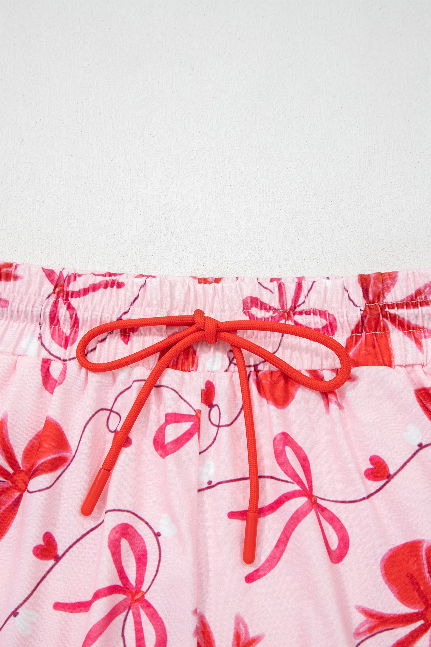 Red Romantic Bow Print Loose Tee Drawstring Shorts 2pcs Lounge Set