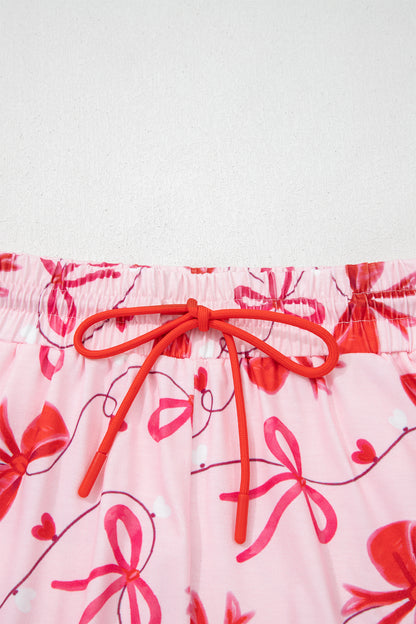 Red Romantic Bow Print Loose Tee Drawstring Shorts 2pcs Lounge Set