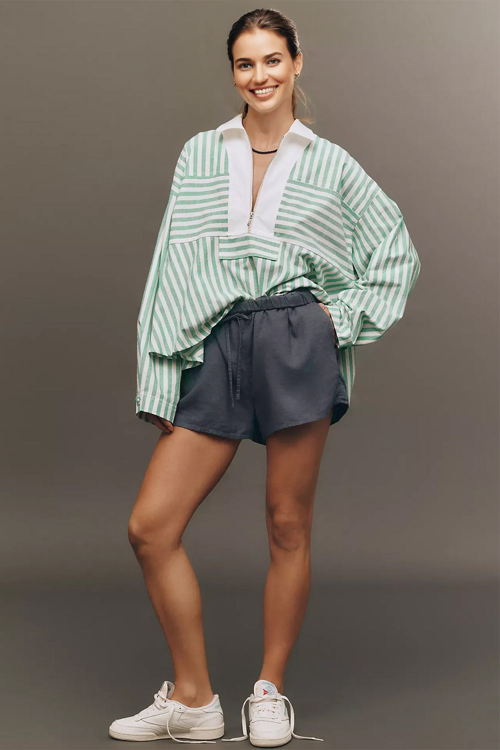 Green Stripe Half Zip Long Sleeve Swing Top