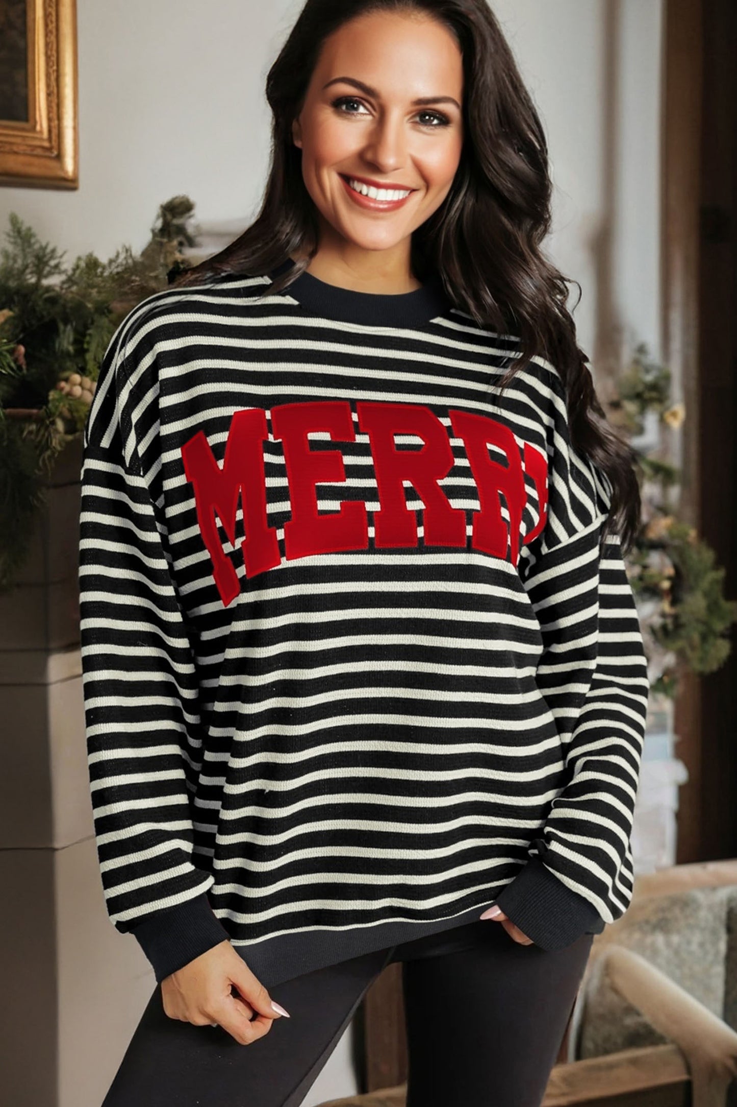 Black Stripe Contrast MERRY Letter Christmas Print Drop Shoulder Sweatshirt