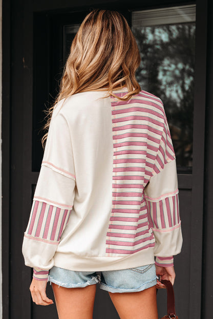 Pink Stripe Stitched Detail Color Block Patchwork Oversized Pullover Top