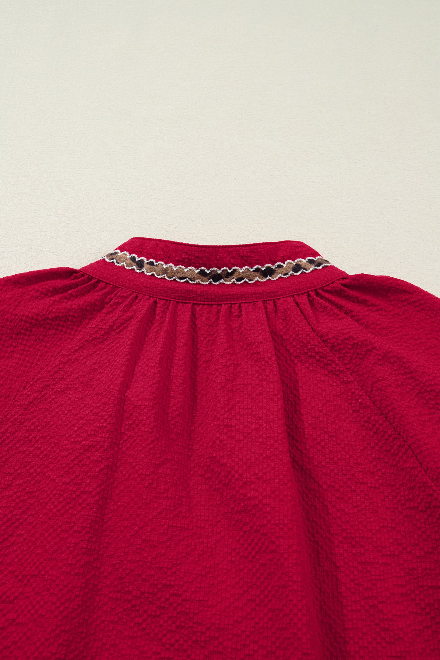 Racing Red Leopard Jacquard Print V Neck Textured Blouse